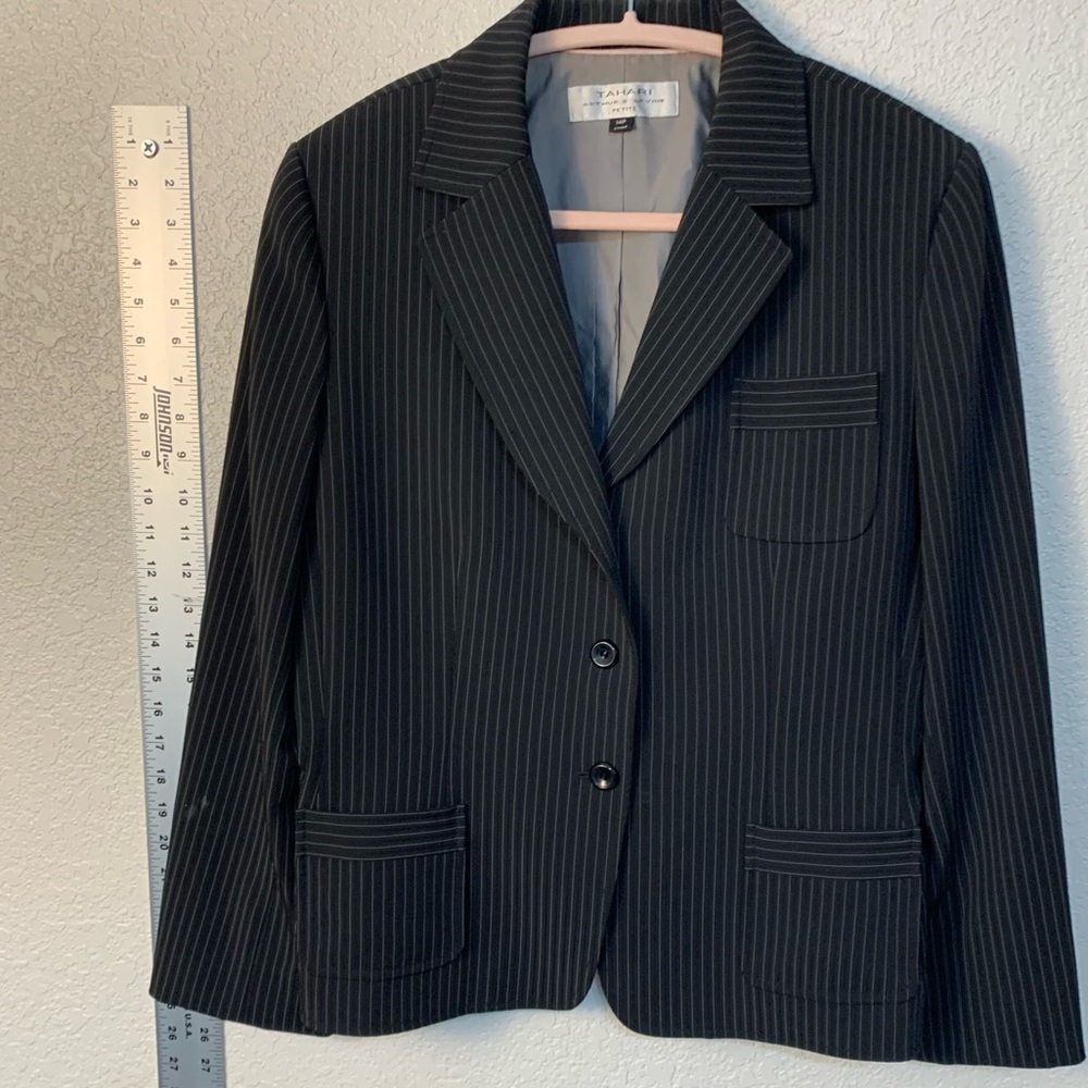 Tahari pants set Black Pinstripe blazer and trousers, co with Arthur S. Levine.